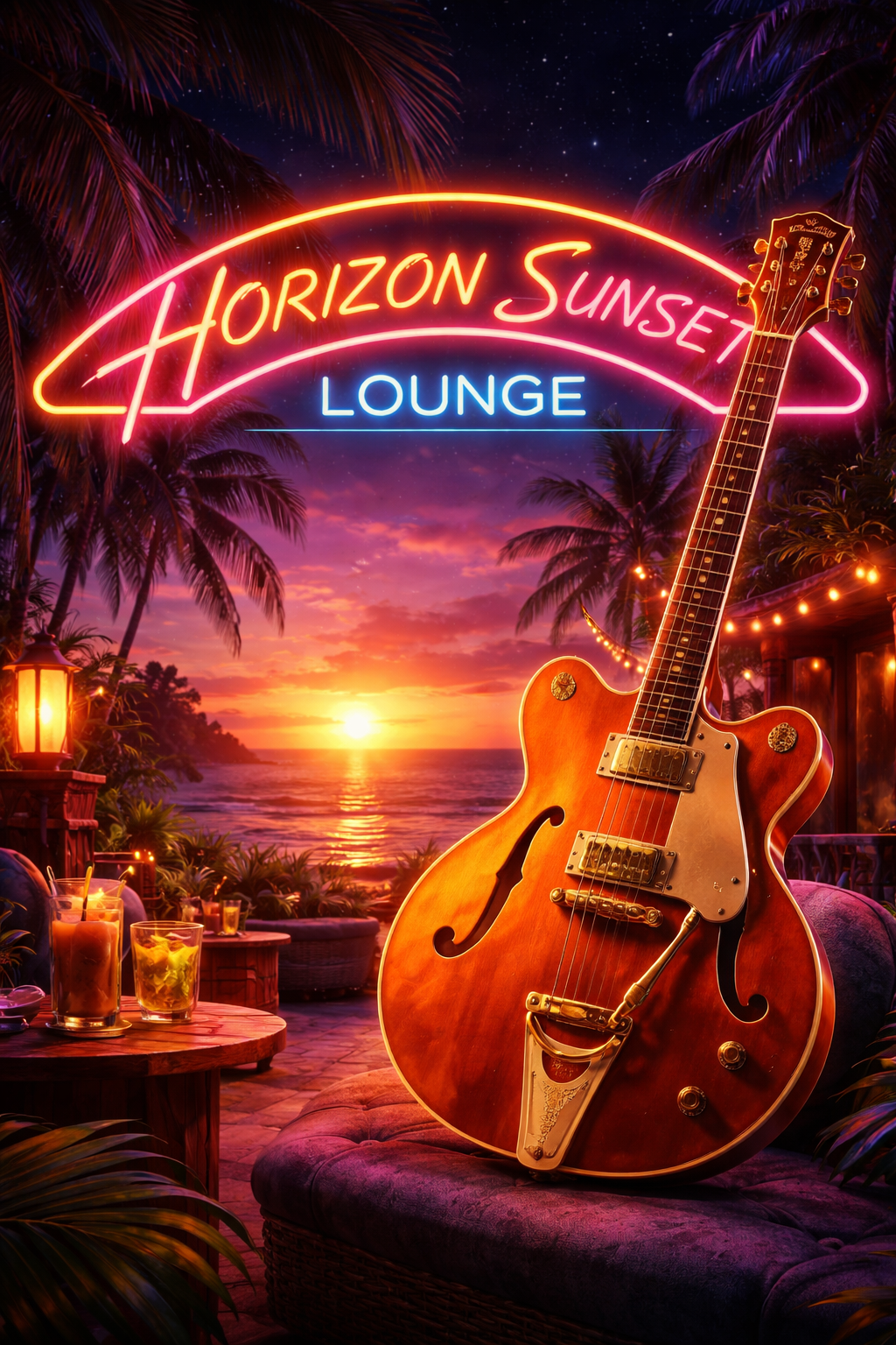 Horizon Sunset Lounge Neon Guitar